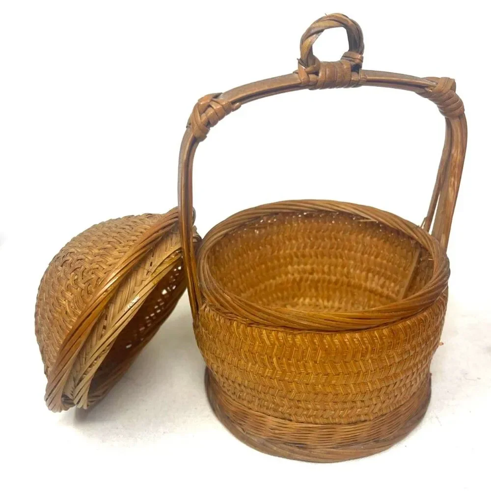 Miniature Vintage Wedding Basket Bamboo Wicker Woven Asian Chinese w/Lid Antique